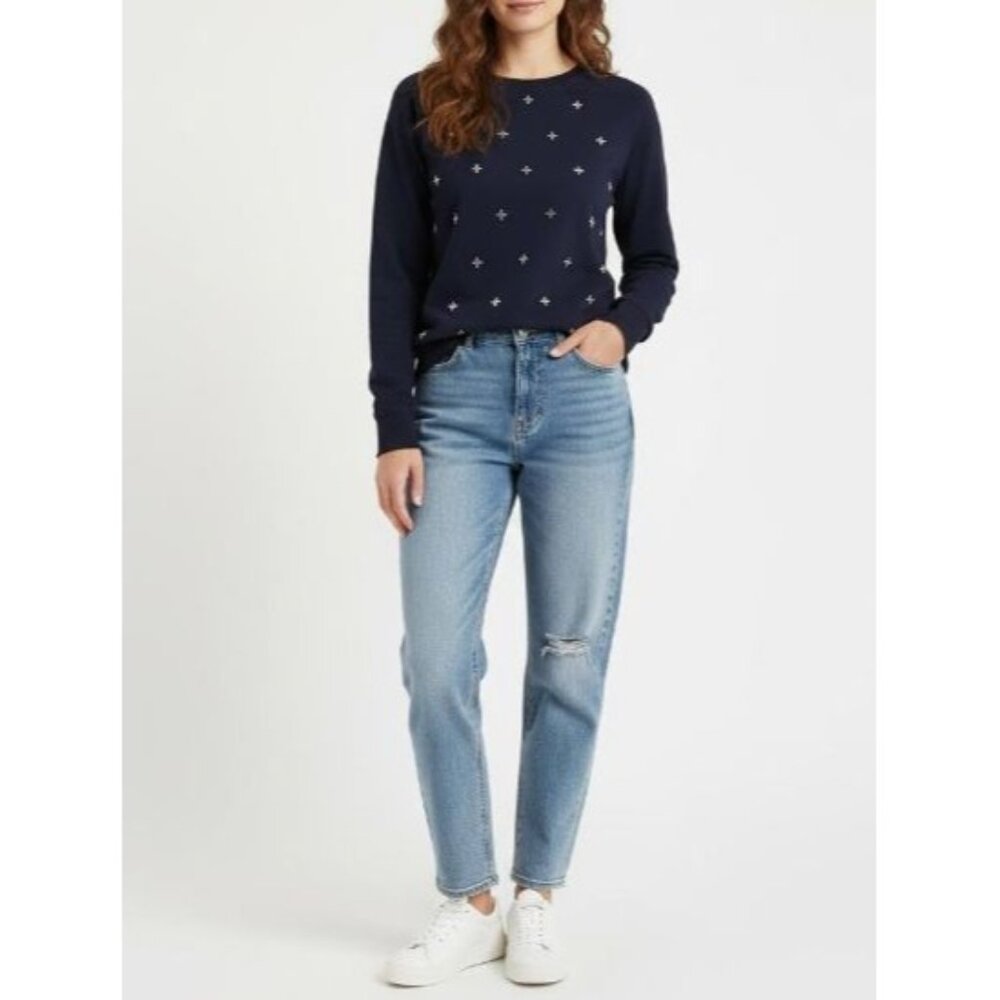 Kersh Navy Blue Rhinestone Embellished Cotton-Jersey Crewneck Sweater Sz Medium